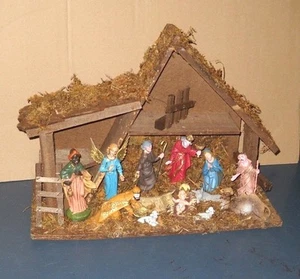 VTG LARGE NATIVITY SET WOOD CRECHE STABLE 13 PIECES FIGURINES ITALY - Picture 1 of 6