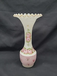 Fenton Glass Vase Charleton Rose 1940s 11" White Handpainted Ruffled Top #5414 - Picture 1 of 22