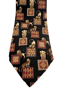 SALVATORE FERRAGAMO Black|Gold|Burgundy Animal Silk Tie. Made in Italy. 57.5 in - Image 1 of 4