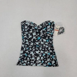Anne Cole Twist Front Bandeau Tankini Swim Top womens size XS black white teal - Picture 1 of 3
