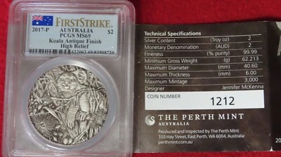 2017 Australia Koala 2 Ounces .999 Silver HIGH RELIEF PCGS ANTIQUE FINISH MS69 - Image 1 of 4