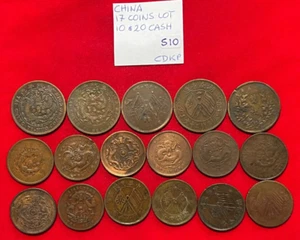 China - Empire & Republic; Lot of 17 Coins - 10 & 20 Cash - Dragon & Flags #S10 - Picture 1 of 4
