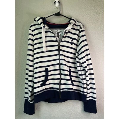 Tommy Hilfiger Striped Full Zip Hoodie Nautical Anchor Logo Large - Image 1 of 4