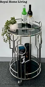 DRINKS TROLLEY BAR CART ROUND STAINLESS STEEL SILVER WINE WHISKEY STORAGE - Picture 1 of 4