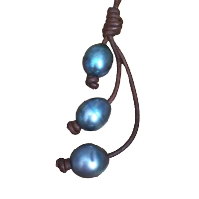 BLACK PEARL NECKLACE LEATHER CORD LARIAT 32" DYED 10mm GEMSTONES HANDMADE IN USA - Image 1 of 4