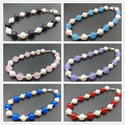 Модный 7-8 мм белый культивированный жемчуг и 8 мм круглый драгоценный камень бисер браслет 7,5» - Изображение 1 из 4