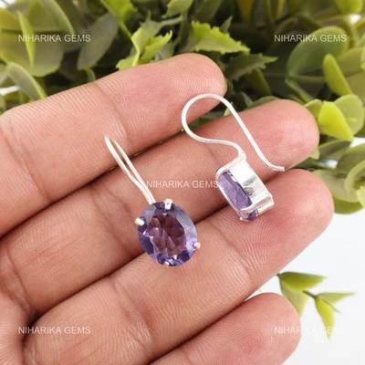 925 Plata Oval Natural Iolita Colgante Negro Friday Aniversario Pendientes Joyas - Imagen 1 de 4