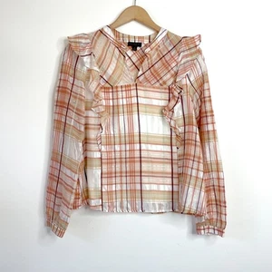 Anthropologie Prairie Cottagecore Western Boho Ruffle Sheer Plaid Top Size M - Picture 1 of 7