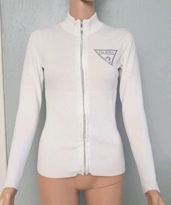 Guess Women’s White Zip Up Sweater Size S, Logo Glitter Front, Rayon Nylon... - Image 1 of 4