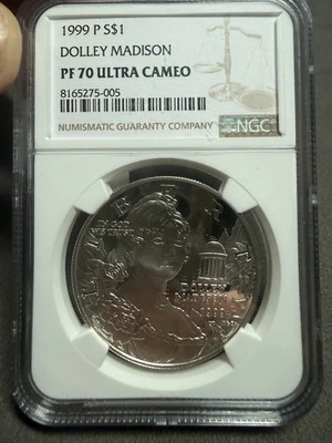 1999 P DOLLEY MADISON Silver Dollar Commemorative NCG S$1 PF 70 ULTRA CAMEO - Image 1 of 4