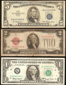 1953 $5 1928 G $2 1963 A $1 BILL UNITED STATES RED BLUE NOTE OLD MONEY 3 PC LOT - Picture 1 of 2