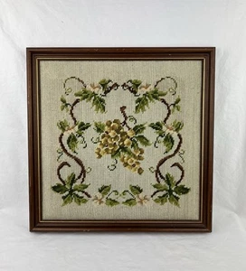 Vintage Crewel Embroidered Grape Vines Custom Wood Framed 16”x16” Wall Art MCM - Picture 1 of 20