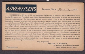 1887 postal card Savage & Farnum newspaper advertising agents Detroit MI - Picture 1 of 2