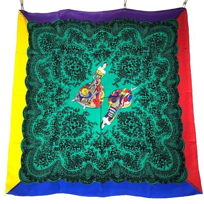Cachecol de seda Versace raro vintage 86cm/34 polegadas arte moda Itália verde vermelho azul raro - Imagem 1 de 4