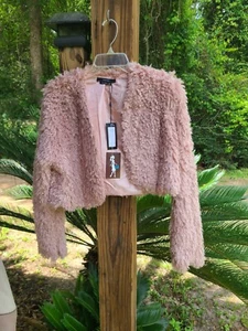 Vertigo Women's Faux Fur Cropped Shrug Open Front Sweater Long sleeve Pink Sz L - Picture 1 of 8