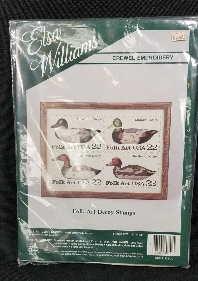 Elsa Williams Crewel Embroidery Kit Folk Art USA Duck Decoy Postage STAMPS 12x18