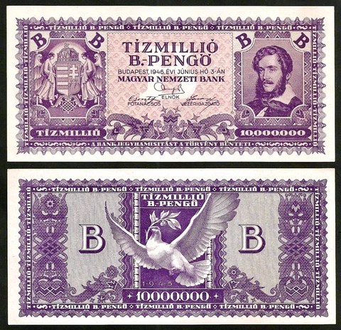 1946 HUNGARY 10 MILLION B-PENGO Banknote (10 Quintillion) Hyperinflation  UNC Cover