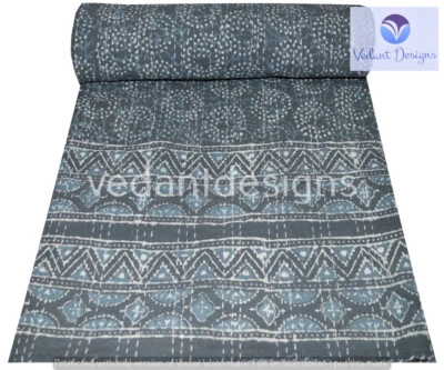 Indian Block Queen Kantha Handmade Quilt Cotton Bed Cover Throw - Image 1 of 4