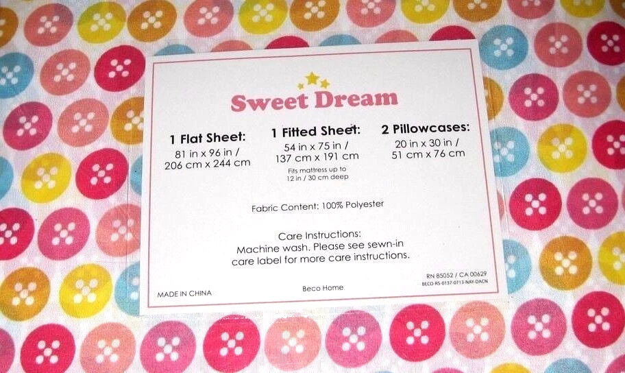 Girls Full Sheet Set COLORFUL BUTTONS CIRCLES PINK BECO - Image 1 of 4