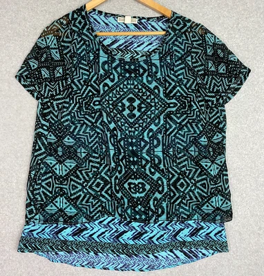 Blusa Pullover Dana Buchman Top Mujer M Azul Negro Transparente Superposición Manga Corta Foto 1 de 4