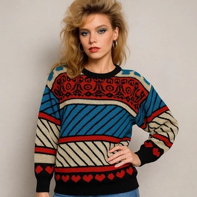 Vintage Sarah Taylor Metallic Knit Sweater Womens M Bold Geo Hearts Stripes 80s - Image 1 of 4