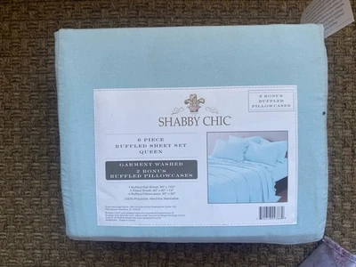 Juego de sábanas Rachel Ashwell Simply Shabby Chic Queen 6 piezas con volantes azul Foto 1 de 3