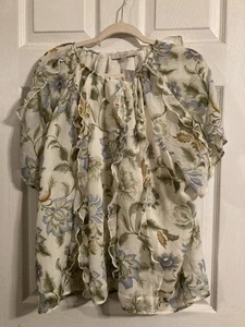NWT Ann Taylor Loft Floral Ruffle Neck Balloon Sleeve Top Cream Floral Puff XL - Picture 1 of 4