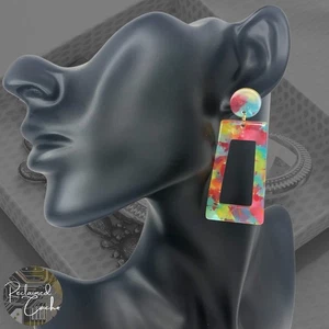 Womens Neon Colorful Acrylic Large Trapezoid Drop Dangle Statement Earrings - Picture 1 of 4