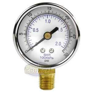 Manómetro de presión de aire NPT de 1/4" 0-30 PSI montaje inferior lateral con diámetro de cara de 2" - Imagen 1 de 6