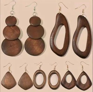 WOODEN 925 SWINGING 60s Large Round Hoop Drop Earrings 70s 80s Boho Chic Wedding - Picture 1 of 18