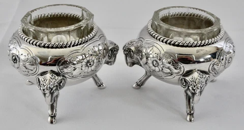 Antique Tiffany Sterling Salt Cellars by John Moore. Tripods W/Rams’ Heads 1850s Cover