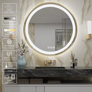 Espejo de tocador redondo LED de vidrio templado HD más grueso espejo de baño grande antiniebla - Imagen 1 de 14