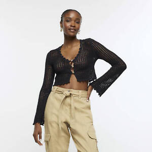 River Island Womens Crop Top Black Crochet Fabric Long Sleeve V-Neck Blouse
