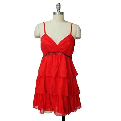 Vintage Y2K Bebe Red Mini Dress Size S  Ruffle Tiered Sparkle HoCo 2000s - Image 1 of 4