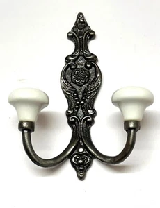 Vintage Cast Iron Ceramic Hat & Coat Hooks - Shabby Chic Rustic Wall Hangers - Picture 1 of 2