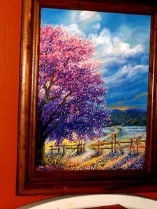 ORIGINAL Bluebonnet Landscape Fence Birds Storm Sky Blooming Tree Oil Painting - Picture 1 of 12