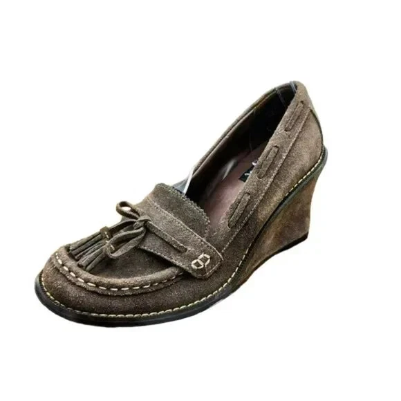 Mocasines de cuña apilados Yellow Box Tiger 7,5 cuero gamuza marrón chocolate años 90 Y2K Foto 1 de 4