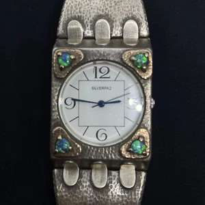 SILVERPAZ  ISRAEL  HAND MADE 925 STERLING SILVER + GOLD BRACELET WATCH  + OPAL - Picture 1 of 9