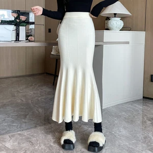 Women Girl Knitted Fishtail Skirt Slim High Waist Midi Wrap Dress Elegant Casual - Picture 1 of 16