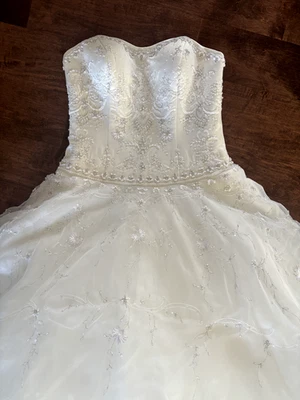 Oleg Cassini Strapless Beaded Wedding Dress Ball Gown Size 8 + Double Tier Veil  - Image 1 of 4