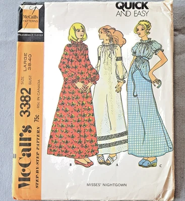 McCall's 3382 Misses Nightgown Size Large Bust 38-40 Uncut Cottagecore Boho 1972 - Image 1 of 2