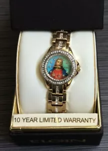 Reloj religioso para mujer Elgin esfera redonda de Jesús con correa de cristal dorado ¡nuevo! - Imagen 1 de 2