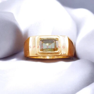 Peridot Emerald Cut With 925 Sterling Silver Gold Plated Ring For Men's #E550 - Image 1 of 4