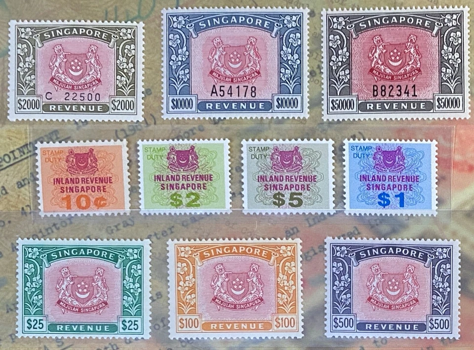 Juego completo de estampillas de ingresos de Singapur 1969-85 10¢-$50.000 en carpeta oficial de IRAS Foto 1 de 3