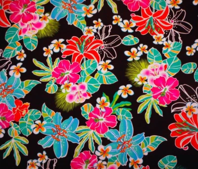 Tropical Fabric 7/8 Yard Pink Blue Orange Teal White Floral on Black Cotton Vtg - Image 1 of 2