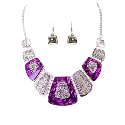 紫色项链和耳环套装,带卷轴设计和紫色大理石外观 - 全新 — 第 1/4 张图片