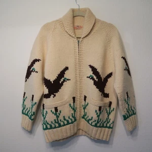 VINTAGE Chunky Knit Zip Duck Cardigan Sweater Mary Maxim Cowichan 60s 70s 50s L - Picture 1 of 10