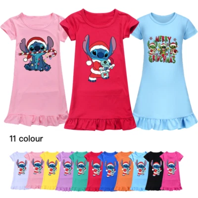 Girls Christmas Stitch Sleepwear Dress Kid Pyjamas Cozy Nightdress Nightwear Pjs - Image 1 of 4
