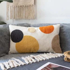 Lumbar Throw Pillow Cover, Boho Tufted Mid Century Rectangle Pillowcase 20”x12” - Picture 1 of 9
