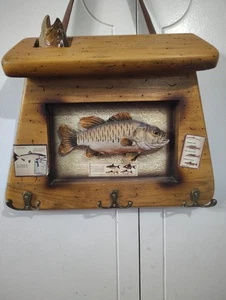 WALL MOUNT KEY HOLDER  6 HOOKS Fishing trout wooden bag Fishing Cabin Primitive  - Picture 1 of 6